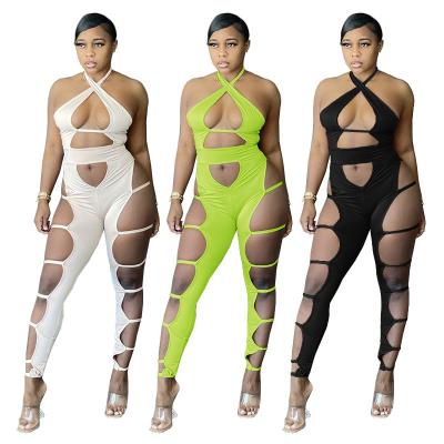 China 2021 Women One Piece Sexy QUICK DRY Skinny Overalls Rompers Party Club Wear Bodycon Hollow Out Fashion Overalls Jumpsuits for sale