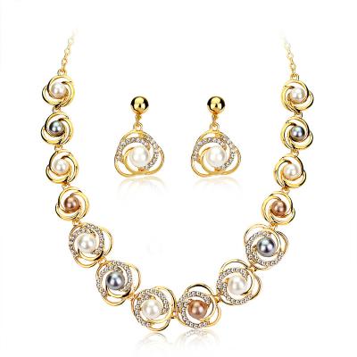 China European and American Explosive Gold Dubai Rose Flower Pearl Bridal Wedding Golden Fashion Elegant TRENDY Dubai Rose Flower Necklace Drop Earring Jewelry Set for sale