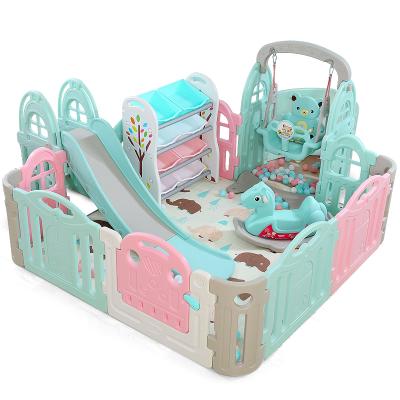 China Updated Eco-friendly Indoor Home Kids Center Mini Playground Swing Baby Playpen Plastic Sliding Barrier for sale