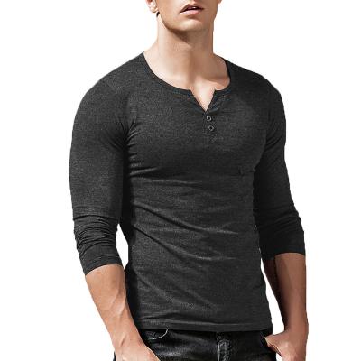 China Anti-Shrinkage Ready To Ship Wholesale Casual Slim Fit Henley Shirt Long Sleeve Muscle Use Men's Gym T-Shirt for sale