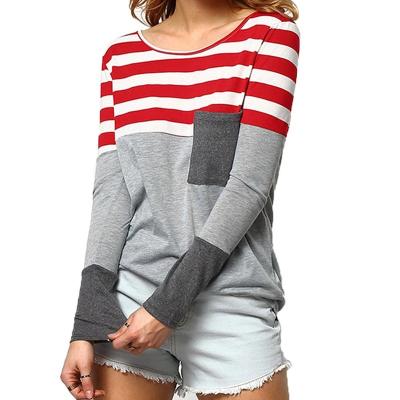 China Custom Anti-Pilling Price Stock Lot Garment Cheap Joint Stripe Pocket Women Shirt Long Sleeve Two Color Blouses And Tops Loose T-Shirt for sale