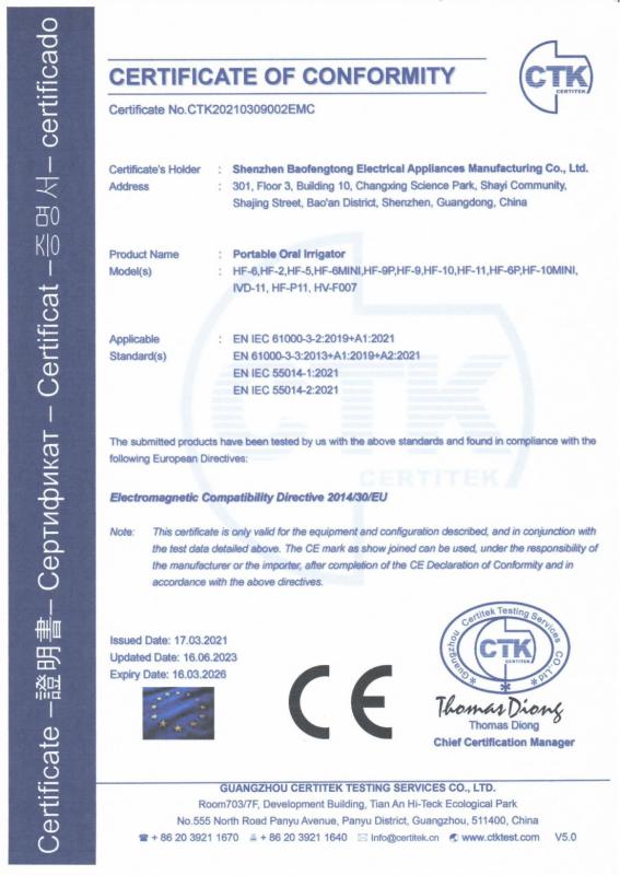 CE - Shenzhen BFT Electrical Appliances Manufacturing Co, Ltd.