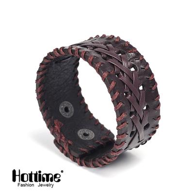 China Factory Wholesale Fashionable Men's Hottime Stainless Steel Leather Bracelet for sale