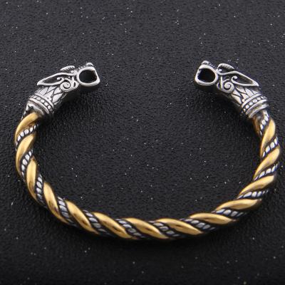 China Punk Two Mens Viking Bangle Jewelry Silver Wolf Heads Bracelet Gold And Norse Color Tone 316L Stainless Steel for sale