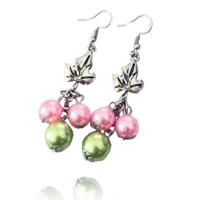 China Alpha BOHEMIA Letter Sorority Greek Ivy Charm Pink and Green Pearl Earring Designer Greek Costume Jewelry for sale