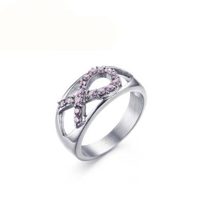 China Classic Silver Pink 316L Stainless Steel Zircon Sliver Breast Cancer Diamond Rings for sale