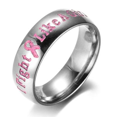 China Classic Silver Pink 316L Stainless Steel Ribbon Breast Cancer Fight Girl Rings for sale