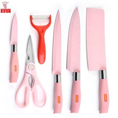 China Luxury Morden 6 Pcs Set Colorful Macarons Wheat Straw Kitchen Knife Set Non-Stick Coating Kitchen Knife Set for sale