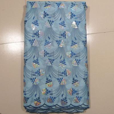 China Sky Blue African Embroidery Lace Fabric with stones , Window Curtain for sale