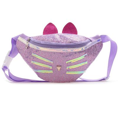 China New Children's Bag PU Sequins Cartoon Kitten Messenger Belt Bag Children's Accessories One-Shoulder Chest Bag Anti-theft for sale