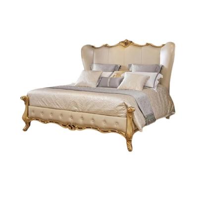 China European Royal British Gold Carved Mahogany Leather Bed Style Furniture King Size Bed Handmade Style Furniture Bedroom Furniture Set for sale