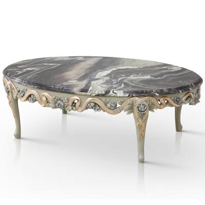 China Luxury French Classical Style Marble Top Cutout Center Living Room Sofa Side Table Marble Top Cutout Wood Oval Coffee Table for sale