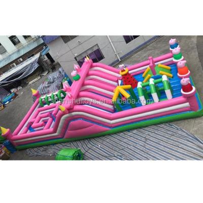 China PVC tarpaulin pink kids inflatable bouncy obstacle course slide, giant outdoor inflatable playground for sale for sale