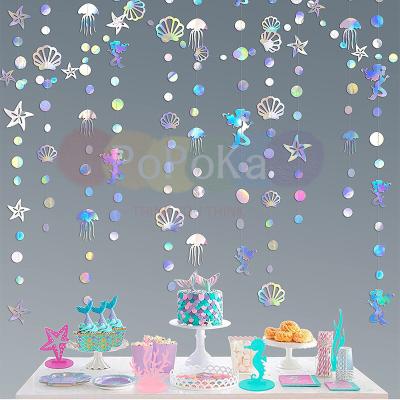 China Decorations Charm 52Ft Mermaid Garland Holographic Paper Streamer Little Mermaid Iridescent Starfish Pearl Jellyfish Ocean Party Decorations for sale