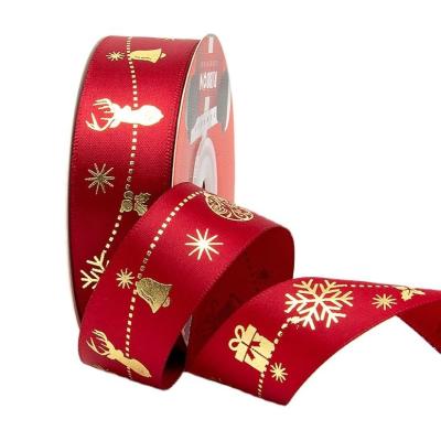 China Foil Print 5mm-100mm Wholse Foil Gold Printed Christmas Tree Deer Santa Claus Snowman Grosgrain Stain Ribbon For Wrapping for sale