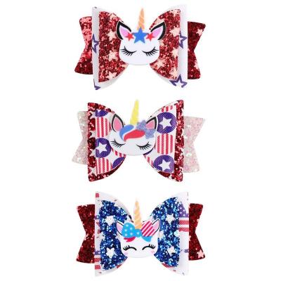 China Holiday Soft Wholesale American Independent Hair Bow Day Unicorn Party Children Hair Bow Clip for sale