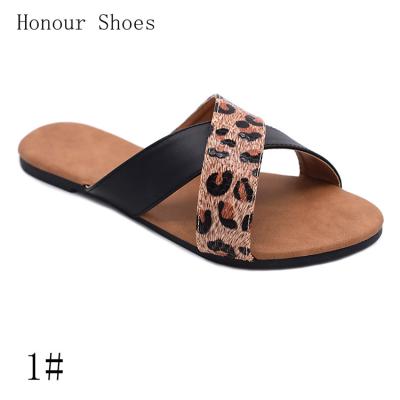 China New Durable Fashion Black PU With Leopard PU Bandage Girls Cross Flat Slippers for sale