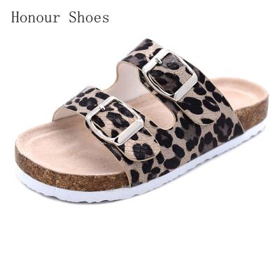 China 2019 Fashion Durable Wholesale Fancy Top Oil Pigskin Side Midsole Leopard Cork Girls Slippers for sale