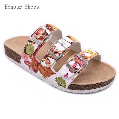 China High Quality Creative PVC Style Floral Print Shoulder Cork Sandals for sale