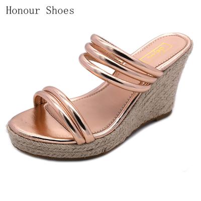 China 2019 Fashion Hemp Rope Durable Side Mirror Leather Ladies Slipper for sale