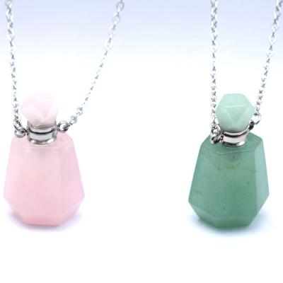 China Natural Amethysts Rose Quartz Perfume Bottle Necklace Crystal Essential Oil Diffuser Vial Stone Pendant Jewelry for sale