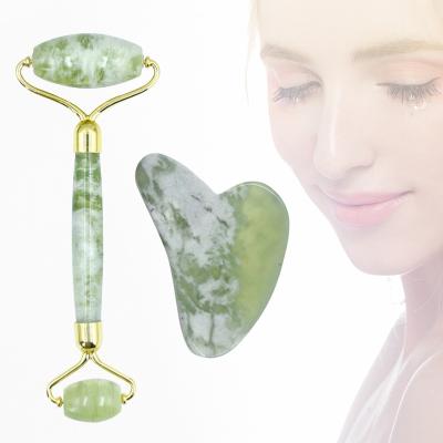 China Hand-Helded Massage Natural Facial Roller Guasha Scraping Board Set Dual Heads Thin Neck Jade Stone Face Lift Body Lift Massage Tools for sale