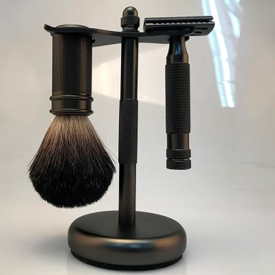 China Twin Blade Matte Black Shaving Brush and Wet Double Edge Safety Razor Handle Holder Set for sale