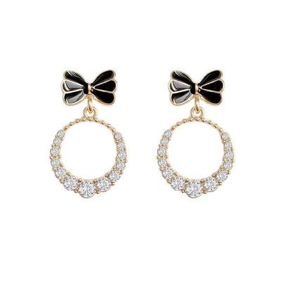 China 2021 New S925 Round Bowknot Earring CLASSIC Black Bowknot Round Ribbon Earring With Rhinestones for sale