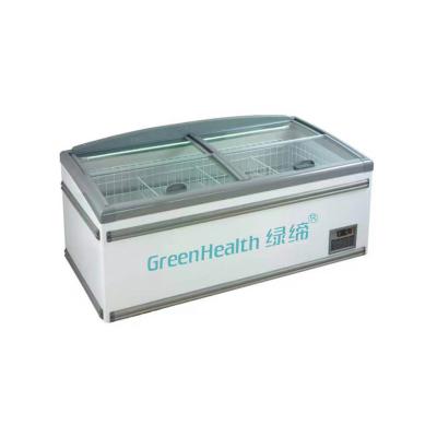 China Single-Temperature Plug In System Supermarket Top Curved Glass Door Chest Freezer Showcase for sale