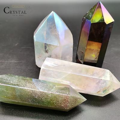 China Folk Art Wholesale Home Decoration Hand Carved Healing Stones Unique Natural Rainbow Clear Quartz Wand for sale