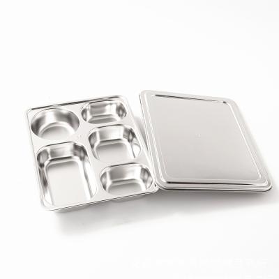 China Best Sustainable Selling Rectangle Fast Food Serving Platter Stainless Steel 5 Compartment Tray With Steel Lid for sale