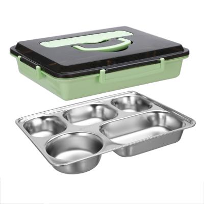 China Portable Cool Keeping Heat Storage Bento Box For School Or Work 4 Compartment 304 Stainless Steel Lunch Box With Plastic Outer Lid for sale