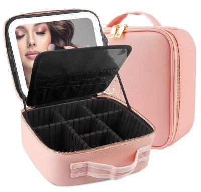 China Fashion Travel Makeup Bag with LED Mirror Lighted Makeup Train Case with Adjustable Dividers Makeup Case for sale