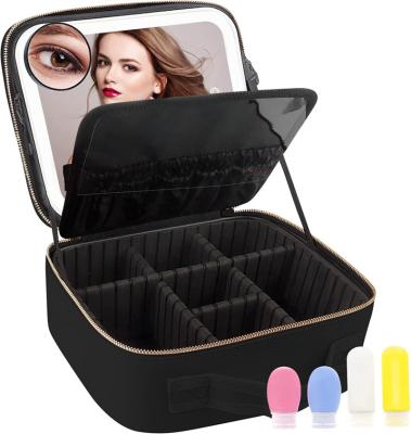 China Fashion Professional Large Capacity Travel Makeup Organizer Storage Bag Makeup Case Portable Makeup Bag With Led Light Mirror for sale