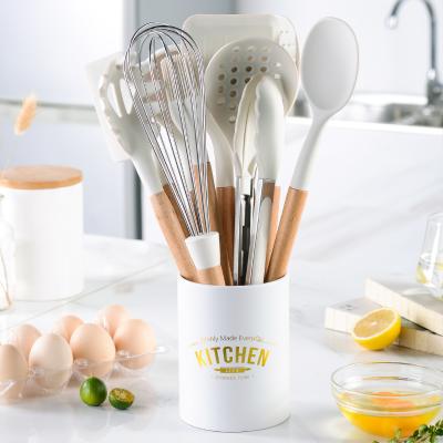 China Stocked Tool Pure White Baking Silicone Cooking Kitchen Utensil Set With Handle Holder Accessories Spatula Turner Ladle Wooden Cookware for sale