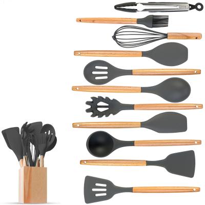 China Best Kitchenware Tool Silicone Stocked Cooking Kitchen Utensil Set With Wooden Handle Holder Accessories Bamboo Turner Cookware for sale