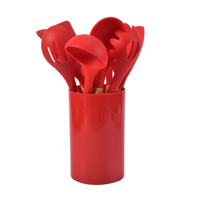 China Best Kitchenware Tool Silicone Stocked Cooking Kitchen Utensil Set With Handle Holder Accessories Spatula Turner Ladle Wood Cookware for sale