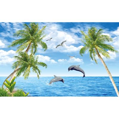 China Modern Custom Design Ocean Blue Bathroom Porcelain 3d Wall Tile With Coconut Trees for sale