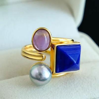 China CLASSIC Lazulite Rings Classic Antique Gold Square Gold Process Opening Adjustable Ring For Women for sale