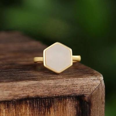 China CLASSIC Restoration Antique Ways Used In Hotan White Jade Six Edge Geometry Beehive Ring Female Top Grind 925 Jade Sandy Rings for sale