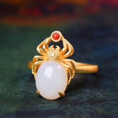 China CLASSIC Antique Gold Spider Inlay White Jade Pattern Ring Female Forefinger Refers To Restoring Ancient Ways Is Adjustable Size for sale