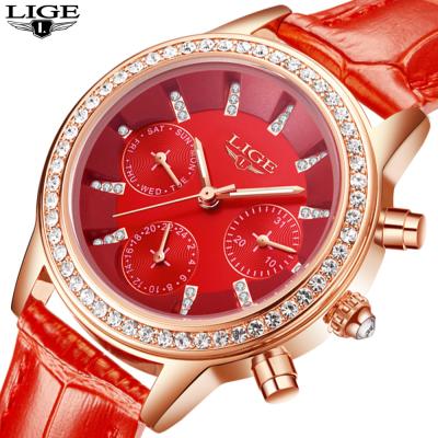 China LIGE date brand women automatic luxury dress watches ladies quartz watch woman fashion diamond waterproof leather watches for sale