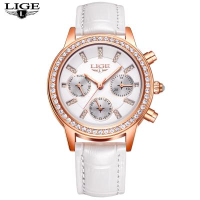 China The date LIGE fashion brand women's automatic luxury dress watches woman waterproof Diamond Clock Leather Quartz Ladies Watch for sale