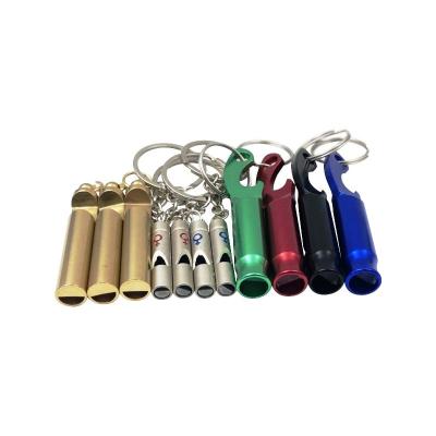 China Retail Aluminum Custom Viable Men's Survival Beer Key Chain Beer Bottle Opener Pendent Whistling Gifts for sale