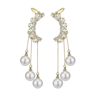 China Other Korean New Tide 925 Silver Pin Stylish Earrings Design Ear Bone Clip With Diamond Pearl Tassel Dangle Earrings Wholesale for sale