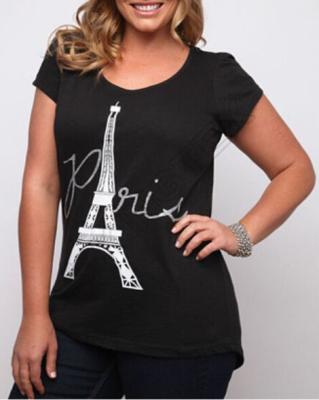 China Breathable Women Plus Size Paris Eiffel Tower Print Cotton T Shirt With Dipped Edge for sale