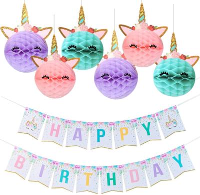 China Unicorn Party Decoration Happy Birthday Party Banner with Honeycomb Balls for Girls Birthday Party Supplies for sale