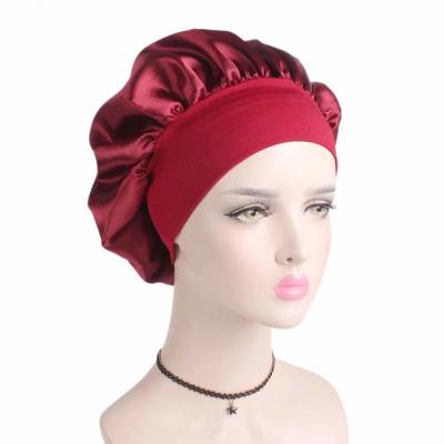 China New Fashion Shower Hats Women Satin Night Sleep Hair Bonnet Wide Elastic Band R1085 Viable Silk Head Hat Cover Wide Elastic Band R1085 for sale