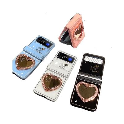 China Shockproof Paste back fashion love set diamond ring bracket full acrylic tide protection for samsung galaxy z flip 3 4 5 phone case for sale