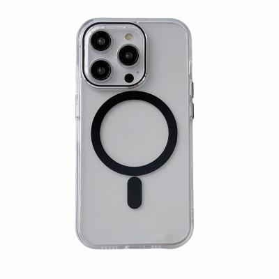 China Shockproof Color Magnetic Ring Mobile Phone Case Lens Protective Film Transparent Acrylic Aluminium Keys Protective Cover For Iphone 13 14 for sale